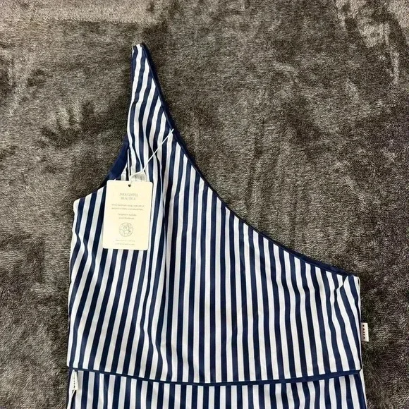 Striped One-Shoulder Navy & White Women's Swimsuit - Picture 12 of 13